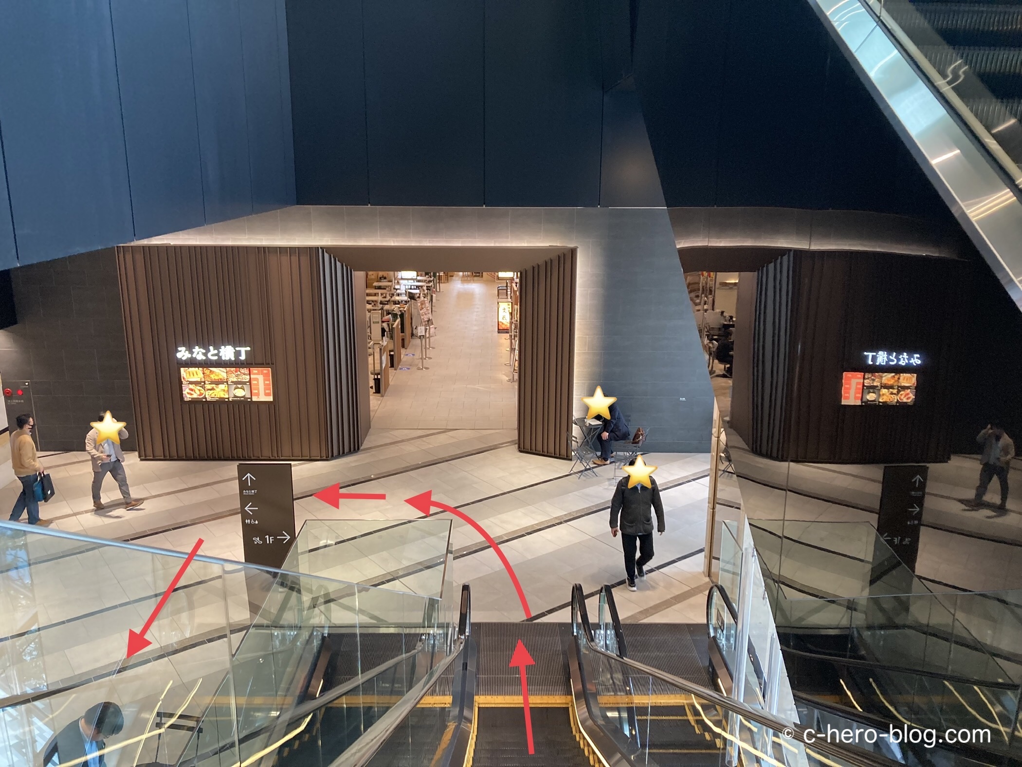 下りエスカレーターを下りたら向きを変えて進む / After getting off the escalator, turn around